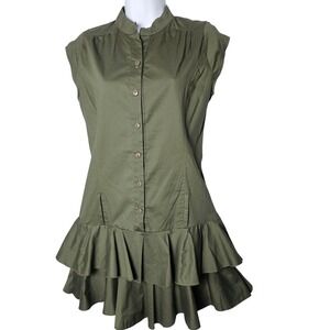 Shasa Made In USA Mini Dress Womens S Olive Button Front Ruffle Hem Cotton